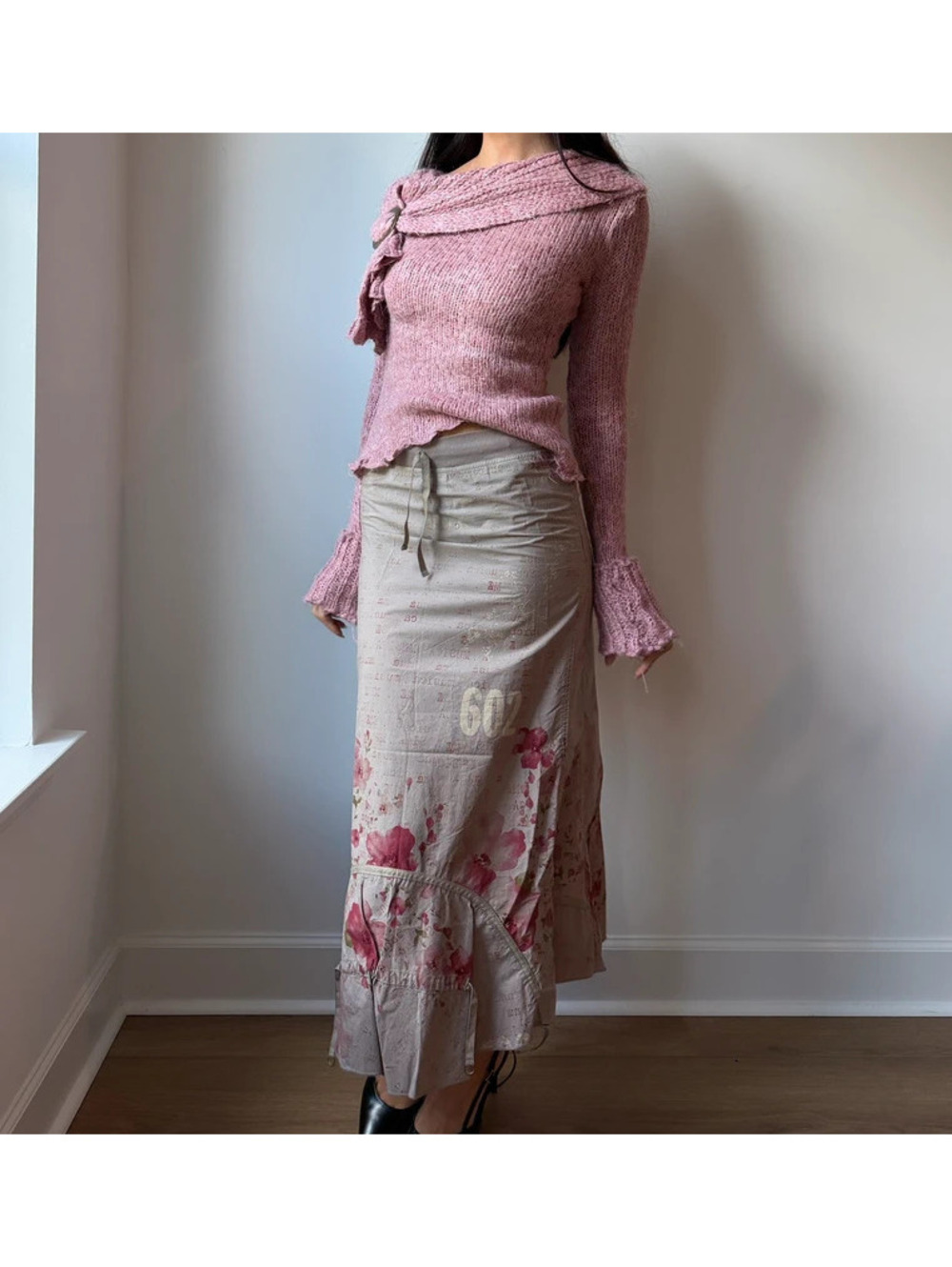 Vintage Cop Copine Y2K Beige Pink Floral Graphic Print Hem Maxi Skirt Size Small